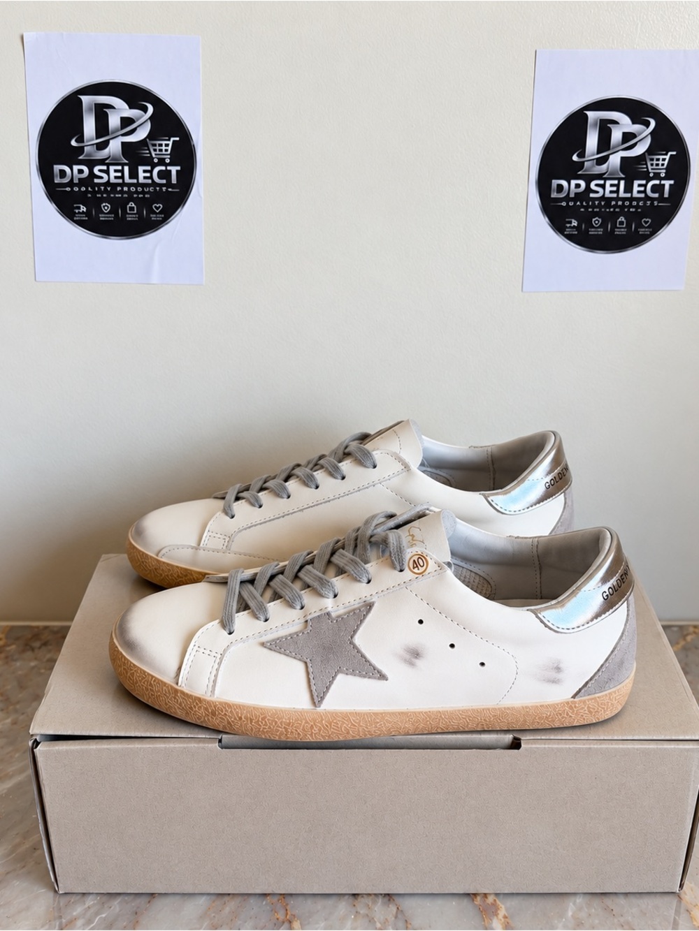 Golden Goose White Leather Low-Top Sneakers with Gray Star & Metallic Heel Tab
